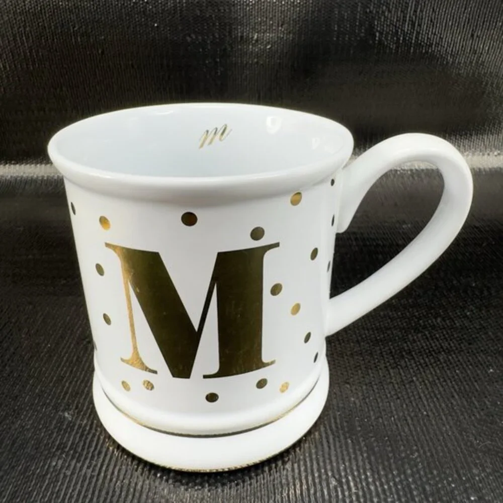 Pier 1 Imports Stoneware‎ Coffee Mug Cup Monogram Letter M White Gold Dots Mug